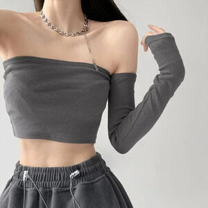 YESSTYLE Plain Cropped Gray Tube Top with Arm Warmers